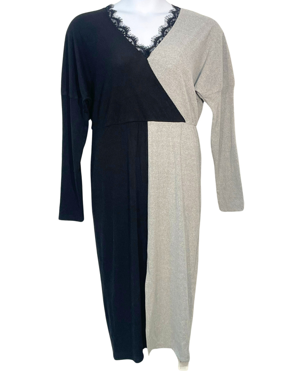 Cupshe Sz XL Colorblock Midi Dress Long Slvs Ribbed Stretch Knit Black/Gray New
